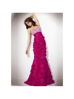 Jovani Strapless Fuchsia Ruffled Evening Gown